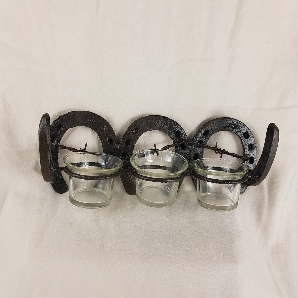Rustic Horseshoe Barbed Wire Votive‎ Candle Holder 3 Glass Cups Western Decor
